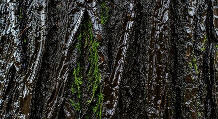 Obraz premium Closeup of a wet dark tree trunk Ribbed bark texture glistening water and green moss present