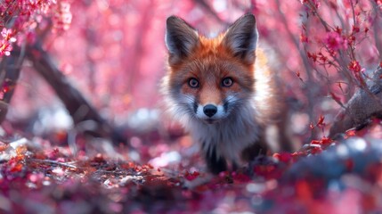 Foxy gaze amidst vibrant pink blossoms