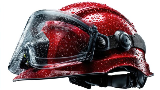 Resilient Protector: Close-up of a fire-resistant helmet with water drops, a symbol of preparedness and dedication to protect and assist.