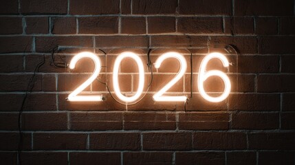 Orange neon light forming 2026 digits on brick wall, editorial holiday concept photo emphasizing modern celebration, energy, and contemporary design aesthetic