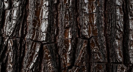 Obraz premium Closeup of dark brown tree bark with deep ridges cracks and reflective surfaces