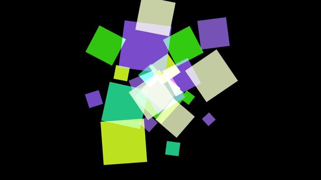 Abstract composition of overlapping translucent squares in various colors on a black background