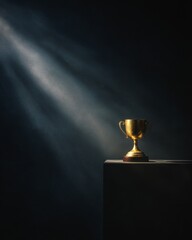 Award trophy on pedestal under soft spotlight in dark room, editorial concept image highlighting leadership, ambition, and the art of success