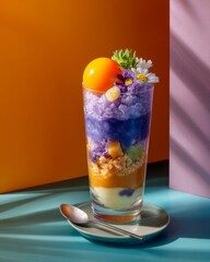 Vibrant halo-halo dessert in tall glass with crushed ice, ube, and tropical fruits, editorial food photograph capturing color, texture, and the refreshing taste of Filipino summer treats