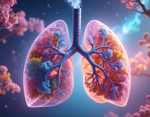 A stylized illustration of human lungs, colorful and vibrant with blossoms