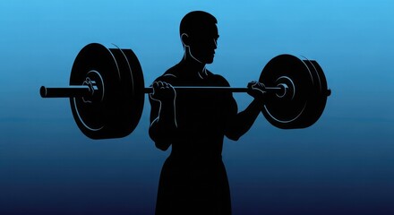 Silhouette of a man lifting a barbell with weights, showcasing strength and fitness against a gradient blue background.
