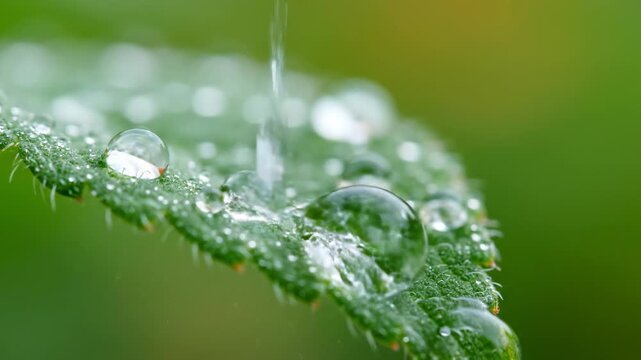 Macro close-up shot of sparkling dew drops clinging to a vibrant green leaf surface in soft morning light showcasing intricate nature detail reflecting, refreshing, clean