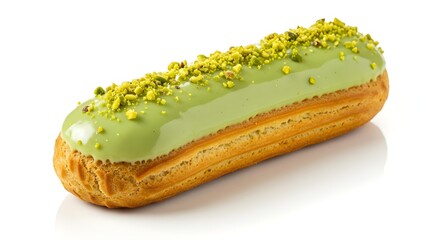 A close-up shot of a pistachio &eacute;clair with finely crushed nuts and glossy green icing. The pastry detail looks crisp and refined.