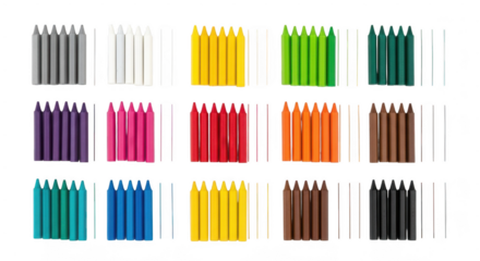 Assorted colored pencils arranged in rows by color, sharp tips, isolated on transparent background