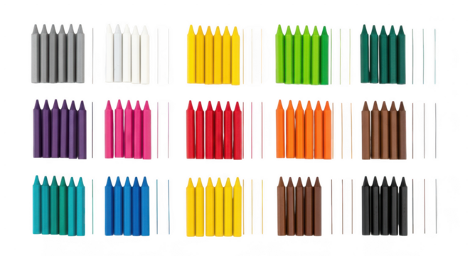 Assorted colored pencils arranged in rows by color, sharp tips, isolated on transparent background