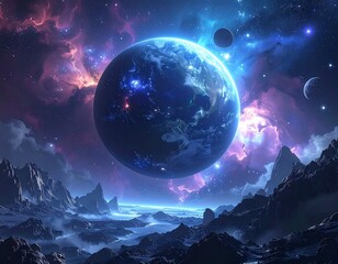 A vibrant, expansive outer space scene with a large planet