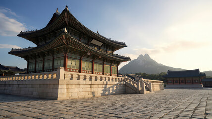 Fototapeta premium Golden Hour at Traditional Korean Palace Courtyard
