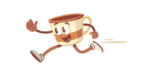 Running coffee cup character in retro vintage style