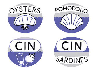 Obraz premium Set of four circular icons featuring food and drink items with text labels isolated on transparent background