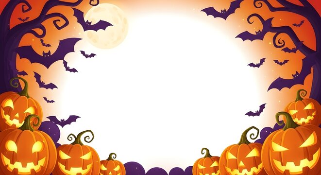 A horizontal vector Halloween frame dominated by the intense orange glow of a Jack-o'-lantern pumpkin and the background. A silhouette of a bat and spooky tree branches complete the top border.