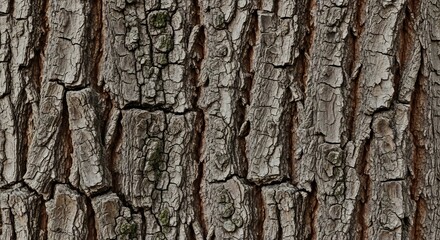 Obraz premium Closeup of rough tree bark Vertical patterns with deep grooves Graybrown colors and textures Moss visible