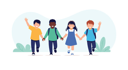Four diverse children holding hands and walking together happily in school.