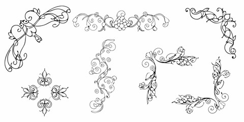 Collection of elegant black and white floral vine ornamental borders and corner elements