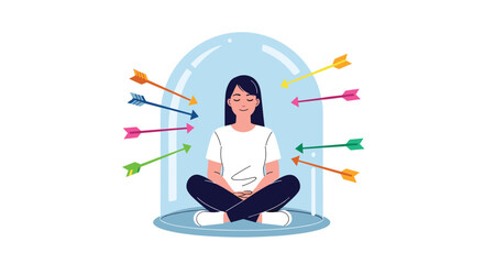 A woman meditates peacefully inside a protective dome as arrows fly around her.