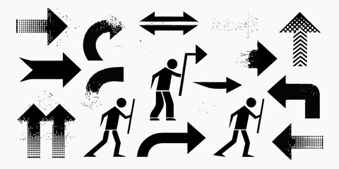 Collection of black graphic arrows and stylized figures walking with sticks on a white background