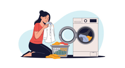Woman smelling clean clothes after laundry day from the washing machine.