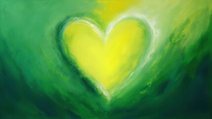 A pure yellow-green heart painted with broad brushstrokes stands out against a gradient of green hues transitioning to d
