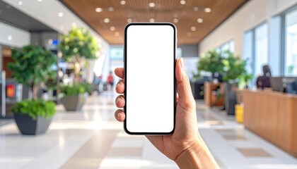 Person Holding a Blank White Screen Smartphone Displaying in a Bright Interior With Potted Plants and Blurred Background