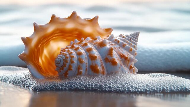 Beautiful seashell resting on sandy beach with foam