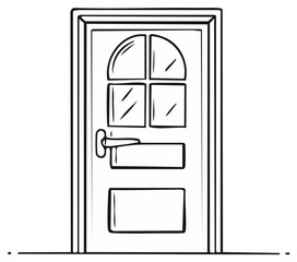 Hand-drawn sketch of a wooden door with a curved window and a handle