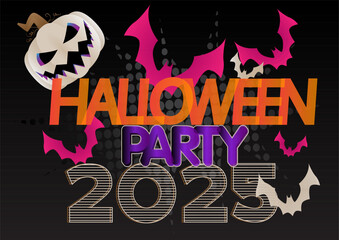 2025 Halloween party poster. Banner template for October event. Design with pumpkin and text. Social media post for invitation, covers.
