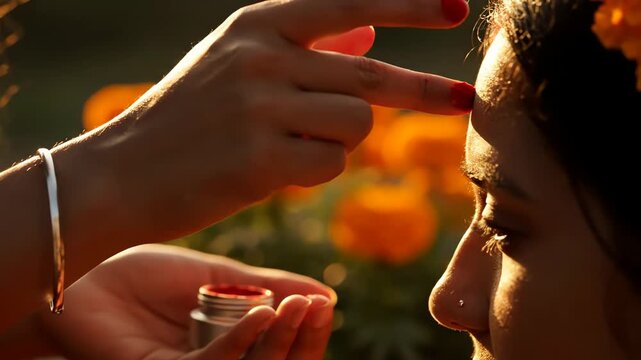Bhai Dooj celebration with tikka ritual performed by a woman on a man's forehead