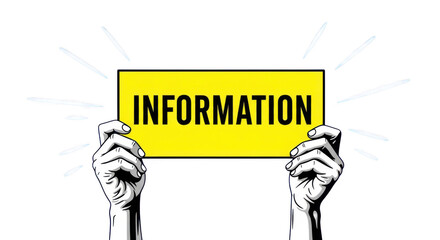 Hands holding yellow information sign isolated on transparent background, concept of data sharing