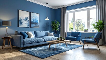 Fototapeta premium Serene Blue Living Room with Comfortable Sofa Armchairs and Natural Light Through Large Windows