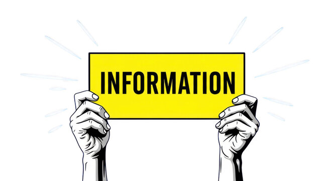 Hands holding yellow information sign isolated on transparent background, concept of data sharing