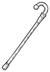 Simple black and white drawing of a traditional walking cane with a curved handle design for support and assistance