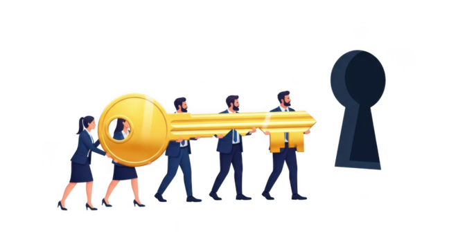 Teamwork concept with giant key and keyhole, business collaboration illustration isolated on transparent background