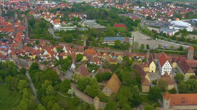 Aerial panoramic view of the old town city Rothenburg ob der Tauber in Germany, Bavaria on a sunny spring day