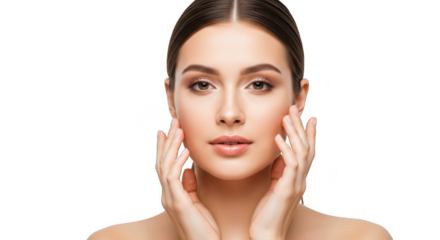 Young woman with smooth skin gently touching face isolated on transparent background