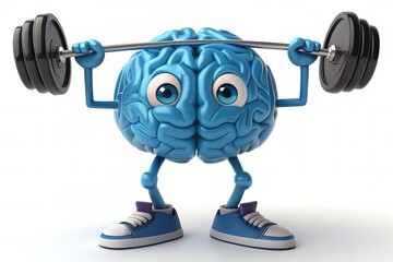 A blue human brain character lifting a barbell, symbolizing mental strength, intelligence, and cognitive training	