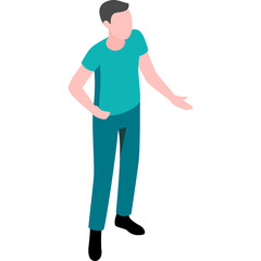 Teal T Shirt and Teal Pants Standing Person With Left Hand Extended With Open Palm and Right Hand on Hip Isolated On White Background Studio Shot