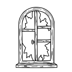 Old wooden broken window halloween outline illustration
