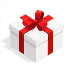 Isometric vector illustration of a simple white gift box with a red ribbon and bow on a clean white background