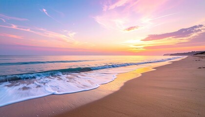Obraz premium Serene Beach Sunrise With Soft Pink And Orange Clouds Reflecting On The Wet Sand And Gentle Ocean Waves