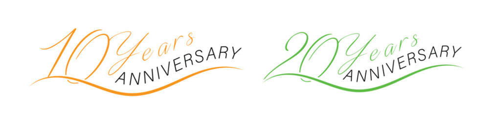 Elegant 10 and 20 Years Anniversary Logo Set, Hand-Drawn Script Typography with Wave Element for Corporate Celebration and Milestone Design