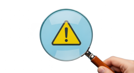 Magnifying glass inspecting yellow warning sign isolated on transparent background