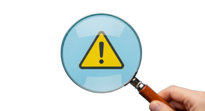 Magnifying glass inspecting yellow warning sign isolated on transparent background