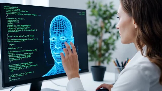 A woman looks at a computer screen displaying a digital wireframe face, code on the sides
