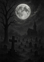 Eerie moonlit graveyard scene.
