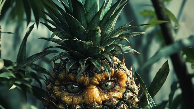 Surreal Pineapple Face in Lush Greenery.