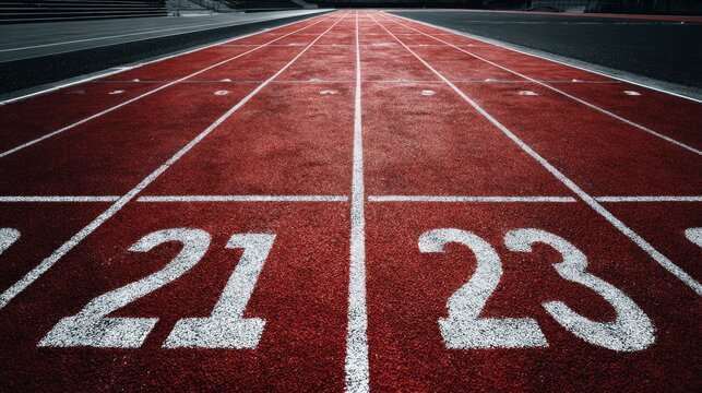 Close-up view of numbered lanes on a red running track, capturing precision, athletic readiness, and the disciplined structure behind competitive training and performance environments